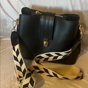 Black Women's Leather Crossbody Bag with Patterned Strap New Without Tags